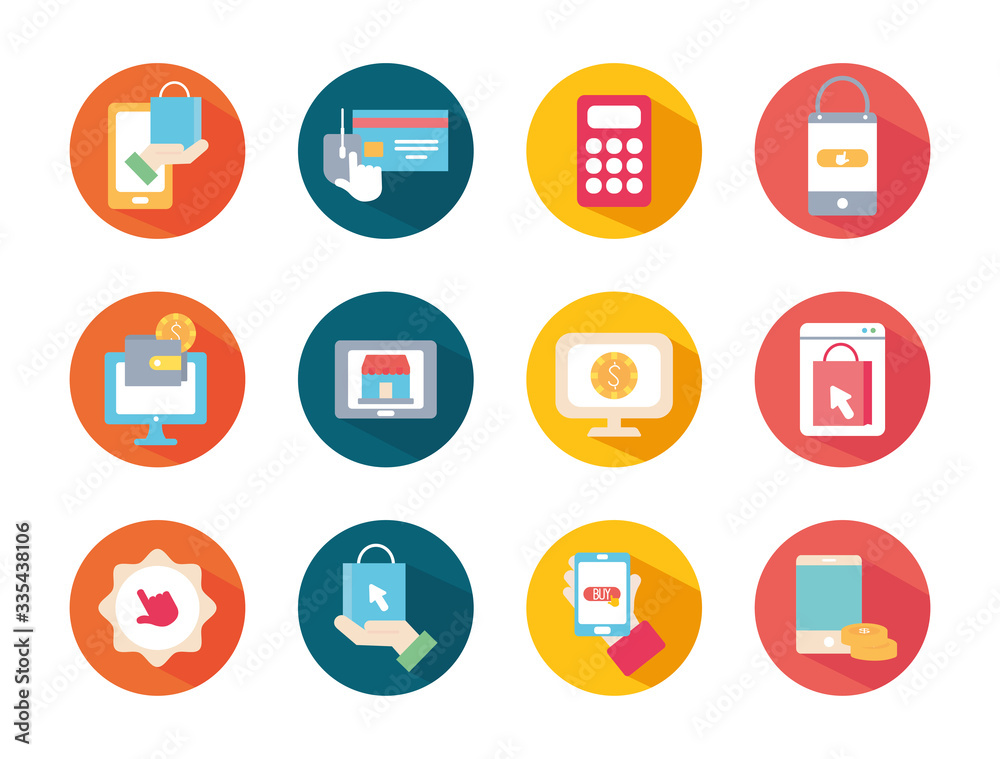 computer and shopping online icon set, block style computer and shopping online icon set, block style