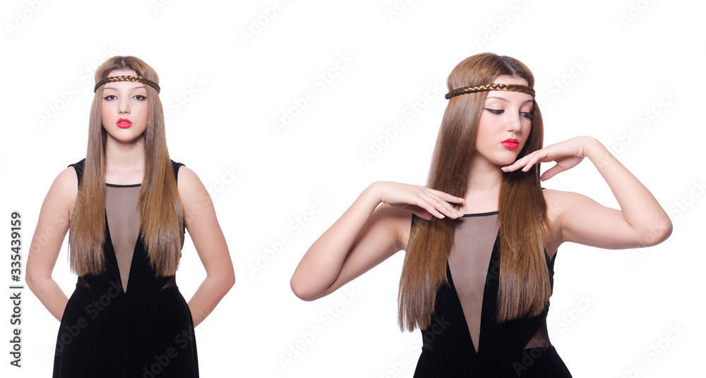 Young red-haired girl with pigtail in velvet dress isolated on w Young red-haired girl with pigtail in velvet dress isolated on w