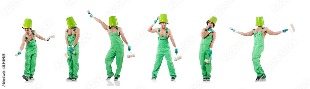 Painter in green coveralls on white Painter in green coveralls on white