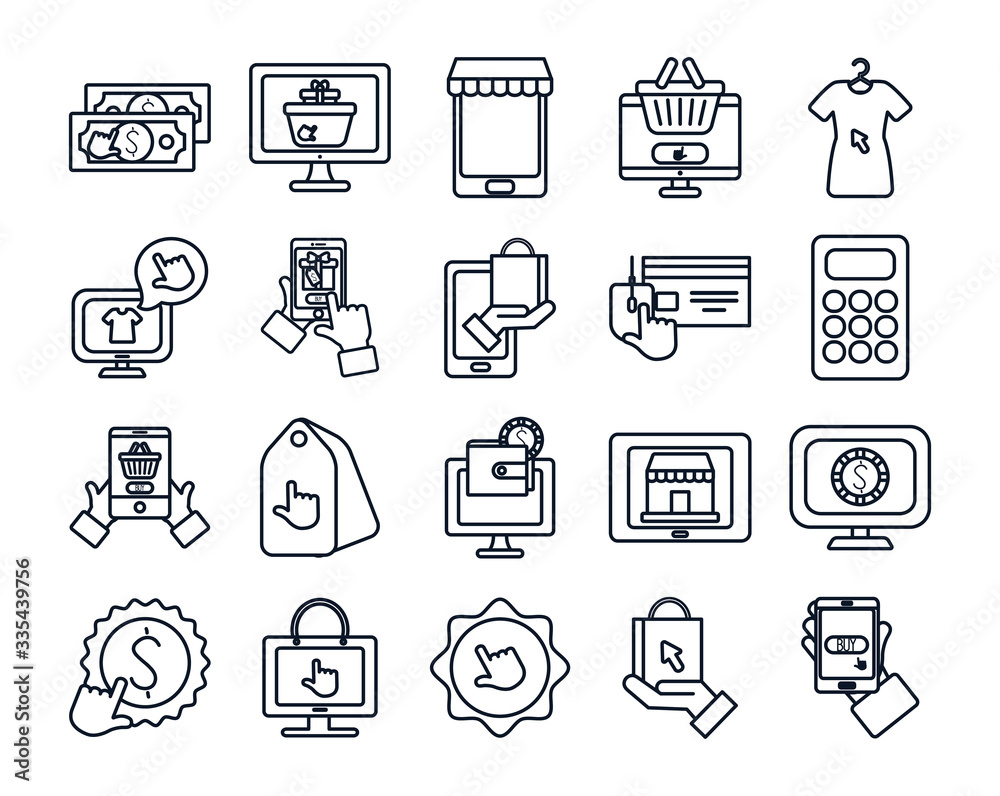 money and shopping online icon set, line style