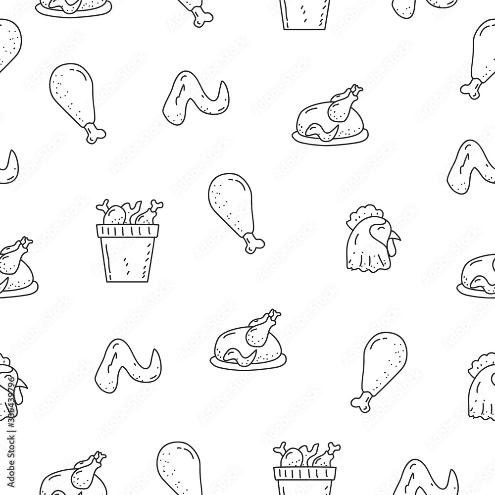 Cute fried chicken vector seamless pattern in doodle style suitable for