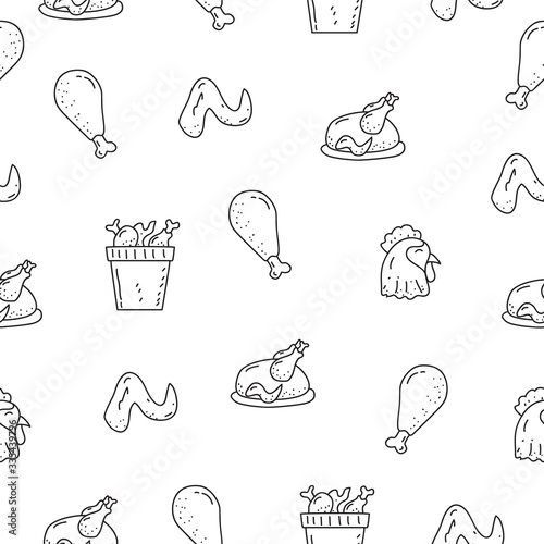 Cute fried chicken vector seamless pattern in doodle style suitable for background 