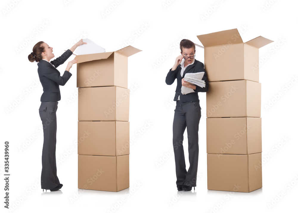 Woman businesswoman with boxes on white Woman businesswoman with boxes on white