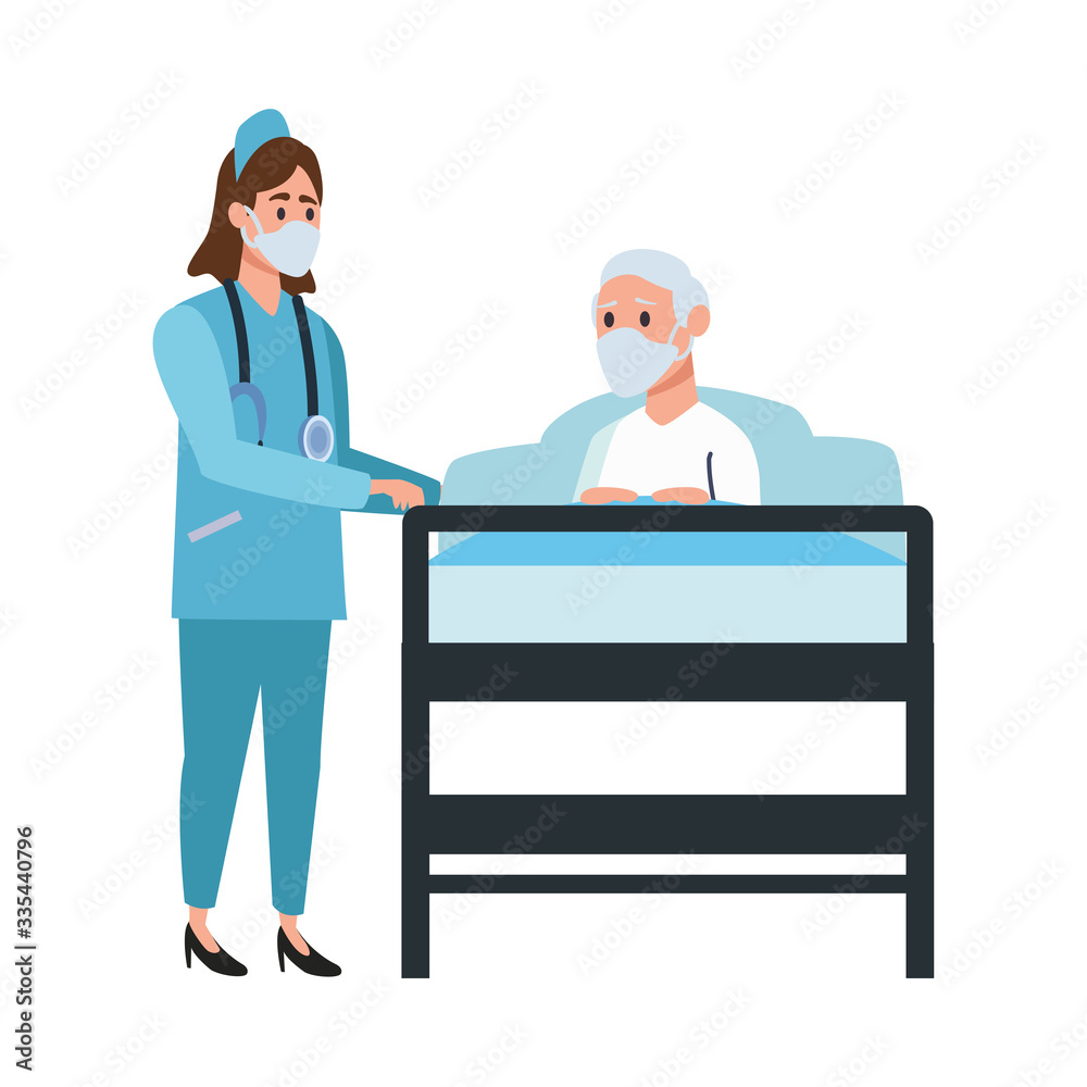 nurse attending old man lying in bed