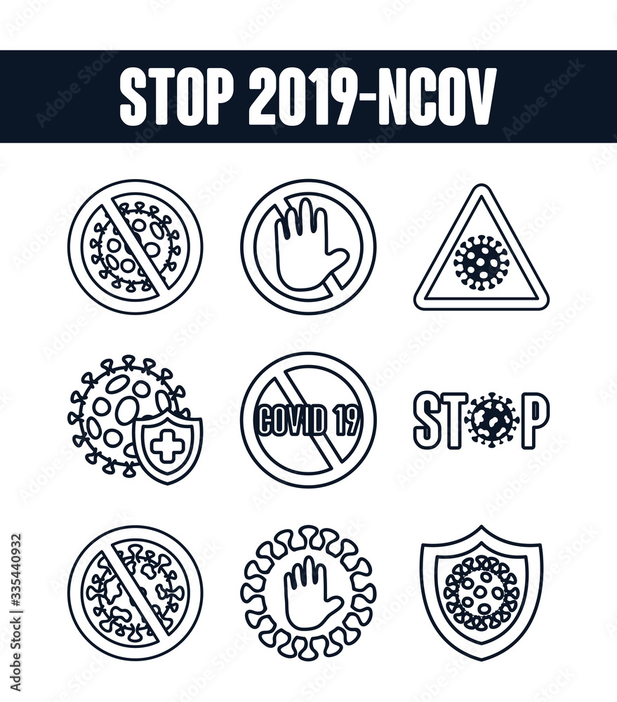 forbidden signs and stop covid19 icon set, line style forbidden signs and stop covid19 icon set, line style