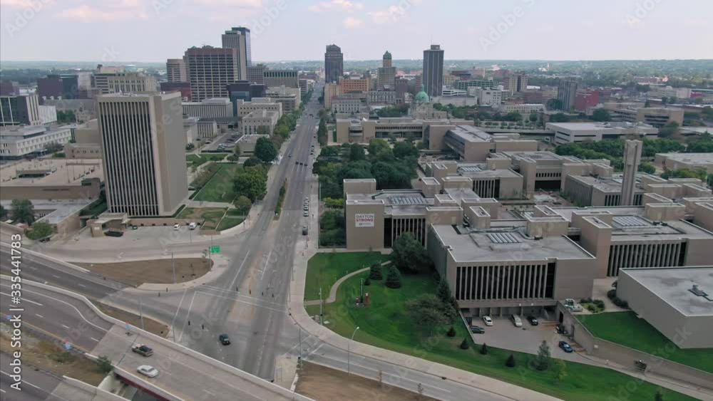 Aerial: Interstate Freeway and downtown Dayton, Ohio, USA. 21 September 2019