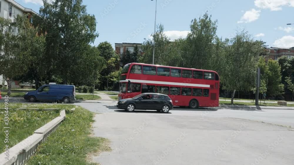 Double Decker Bus is Public Transportation In Skopje, slow motion Double Decker Bus is Public Transportation In Skopje, slow motion