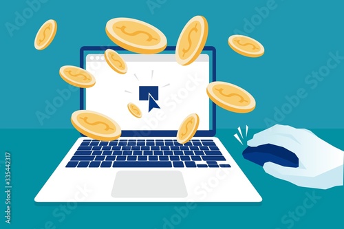 The laptop, dollars gold rain coming out of the screen