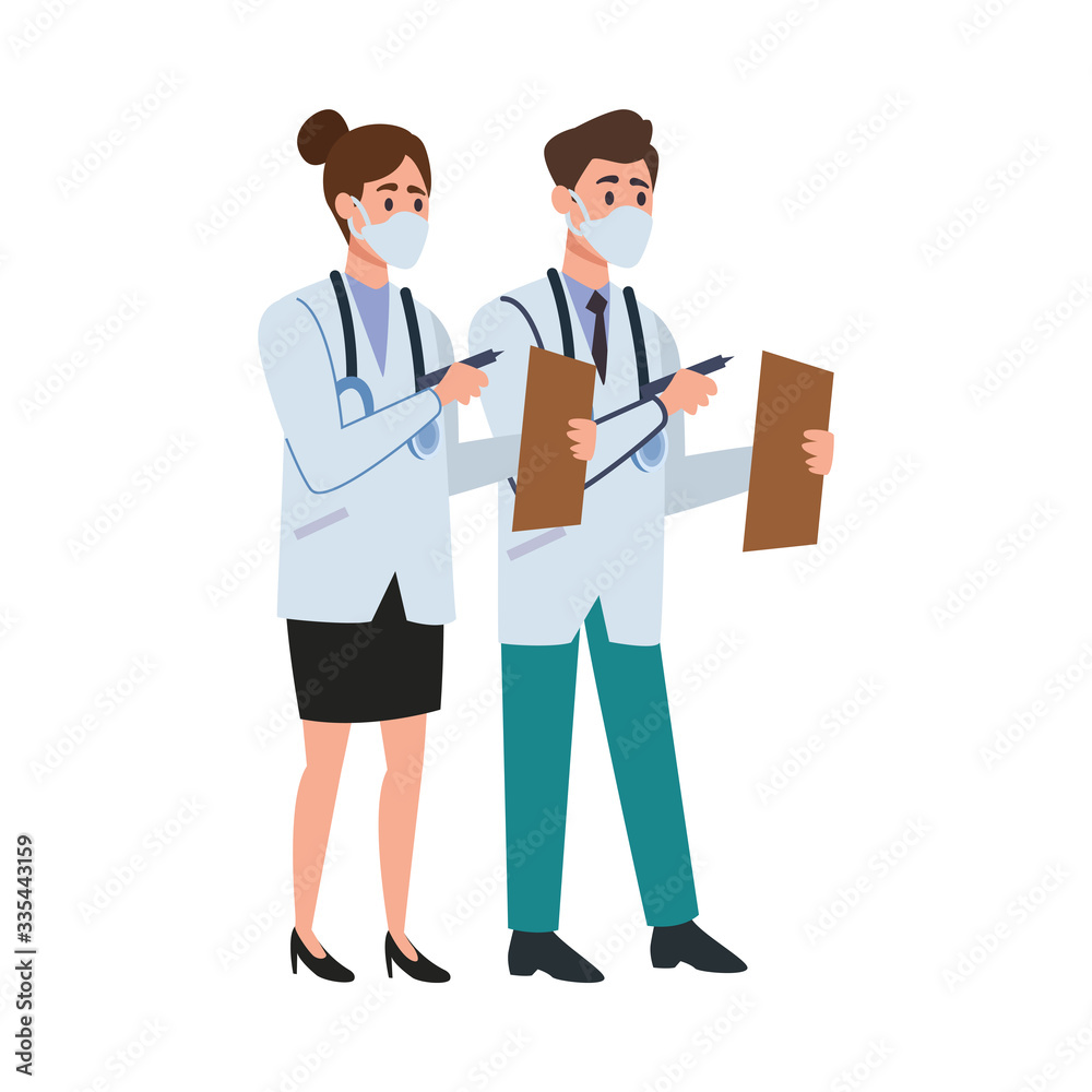 doctors professional couple with face mask characters doctors professional couple with face mask characters