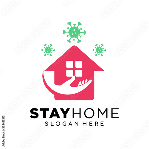 Stay at home. COVID 19 or coronavirus protection campaign logo. Self isolation appeal as sign or symbol. Virus prevention concept. Vector illustration.