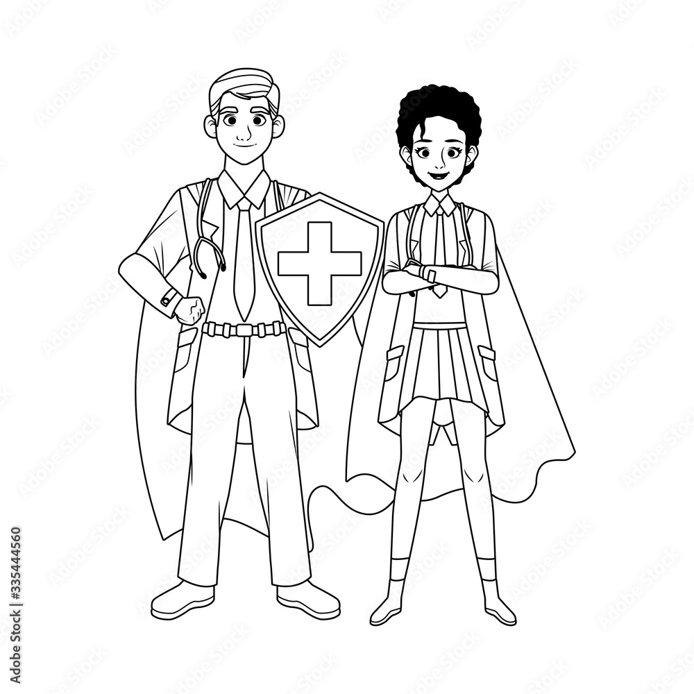 super doctors couple with hero cloak and shield vs covid19 super doctors couple with hero cloak and shield vs covid19