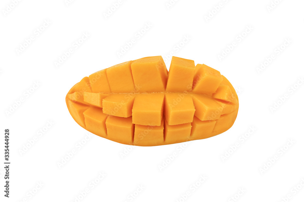 Ripe golden mango sliced with cubes isolated on white background. Yellow Barracuda mango. Tropical fruit in thailand. Ripe golden mango sliced with cubes isolated on white background. Yellow Barracuda mango. Tropical fruit in thailand.