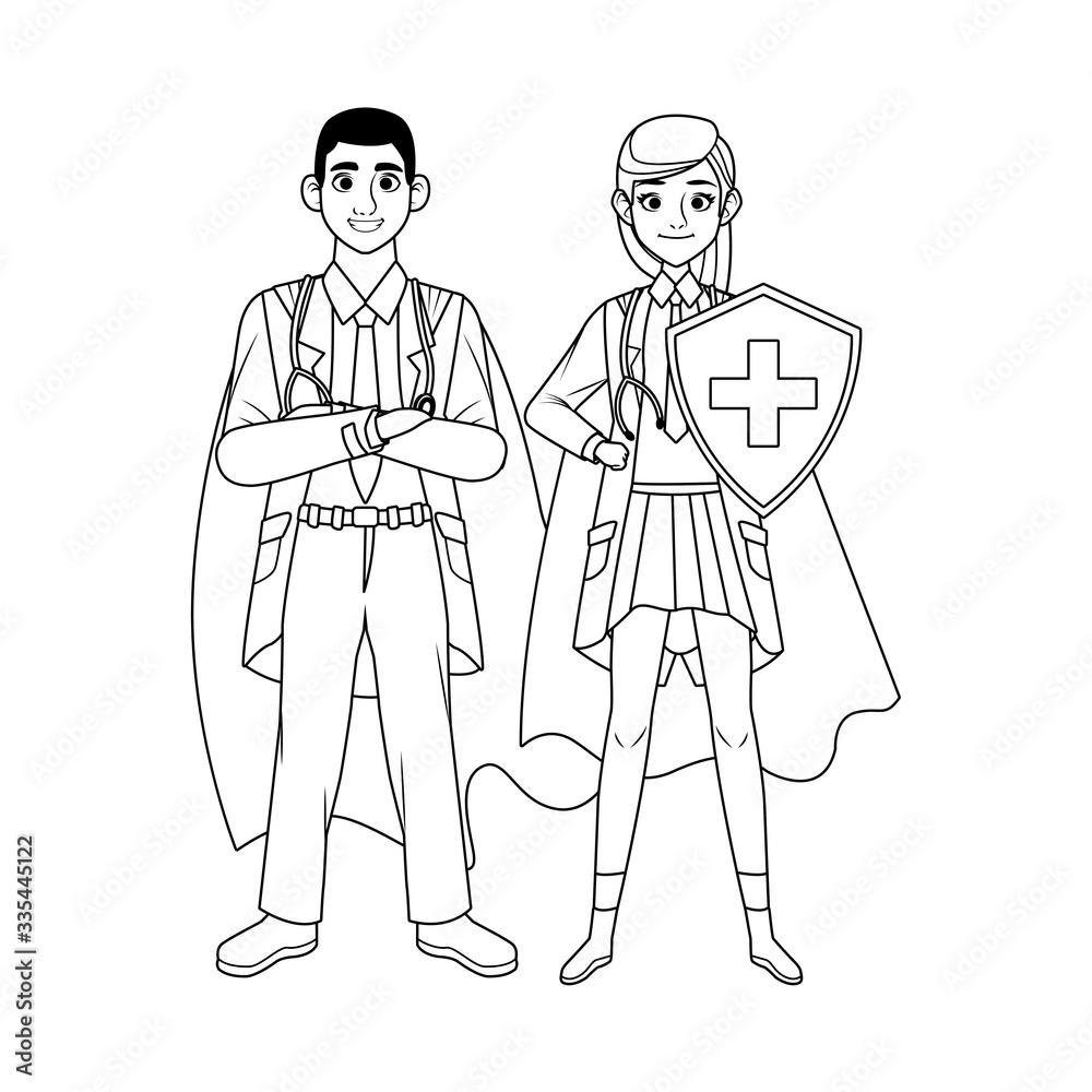 super doctors couple with hero cloak and shield vs covid19 super doctors couple with hero cloak and shield vs covid19