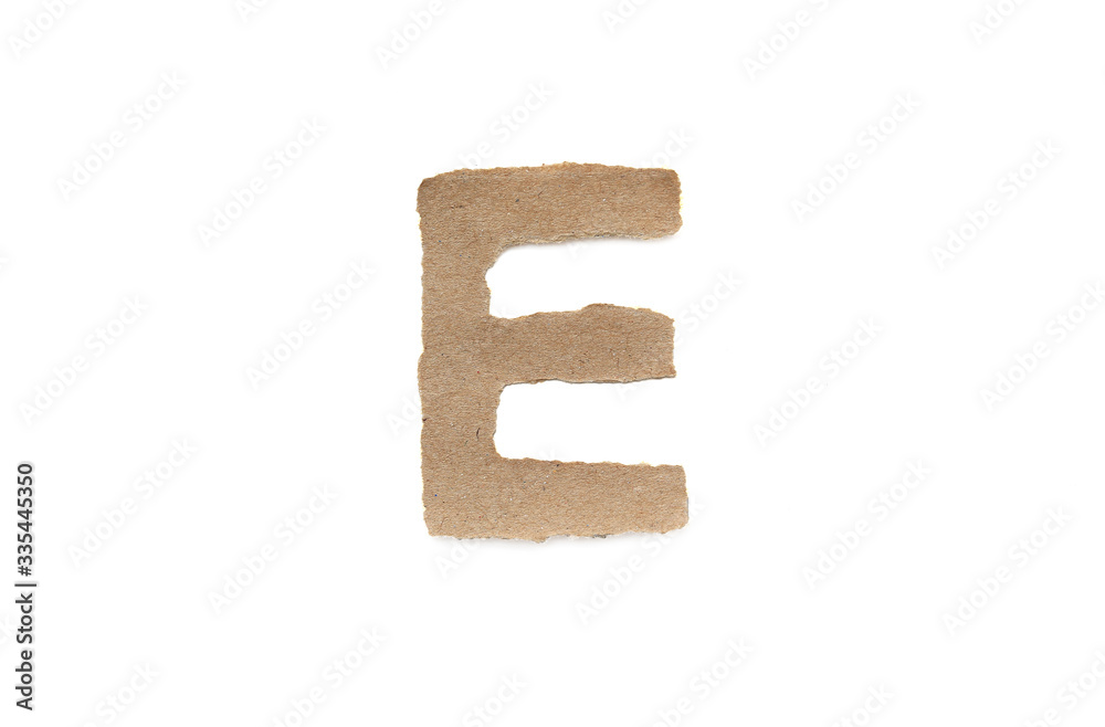 Alphabet letter font isolated over white background. English flat brown torn paper character E Alphabet letter font isolated over white background. English flat brown torn paper character E