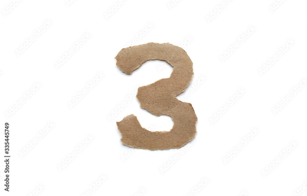 Naklejka premium Arabic number symbol isolated over white background. English flat brown torn paper number 3