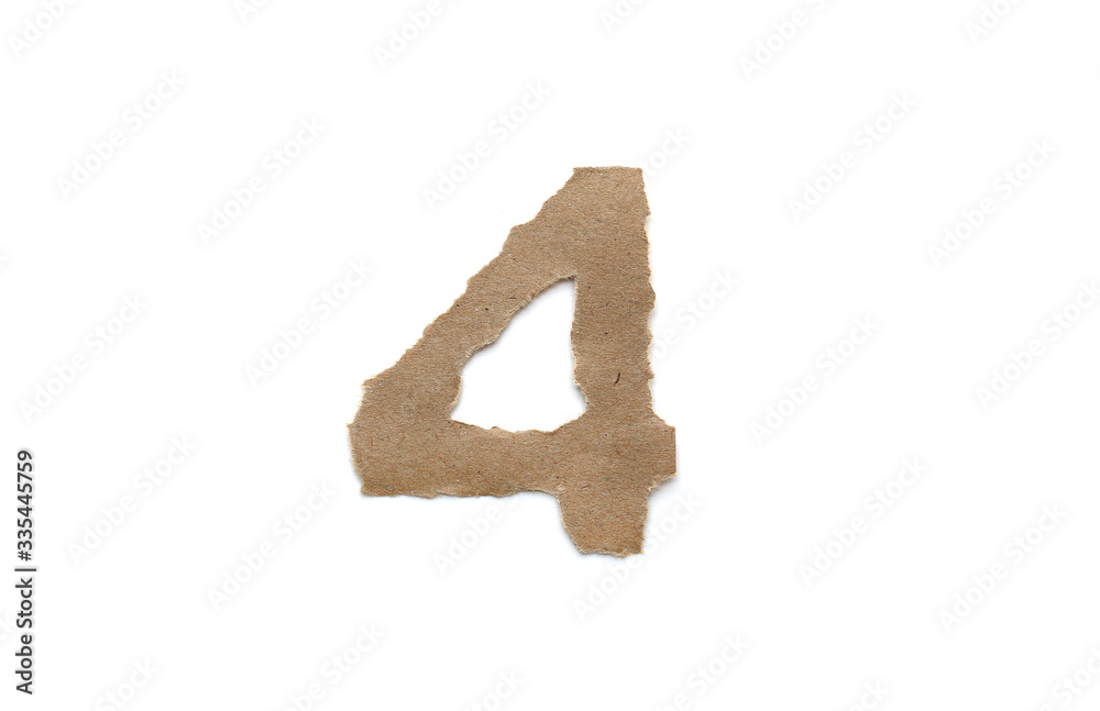 Arabic number symbol isolated over white background. English flat brown torn paper number 4 Arabic number symbol isolated over white background. English flat brown torn paper number 4