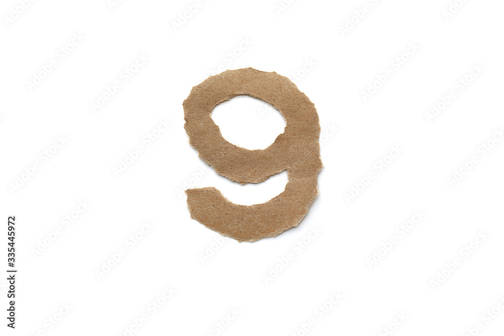 Arabic number symbol isolated over white background. English flat brown torn paper number 9