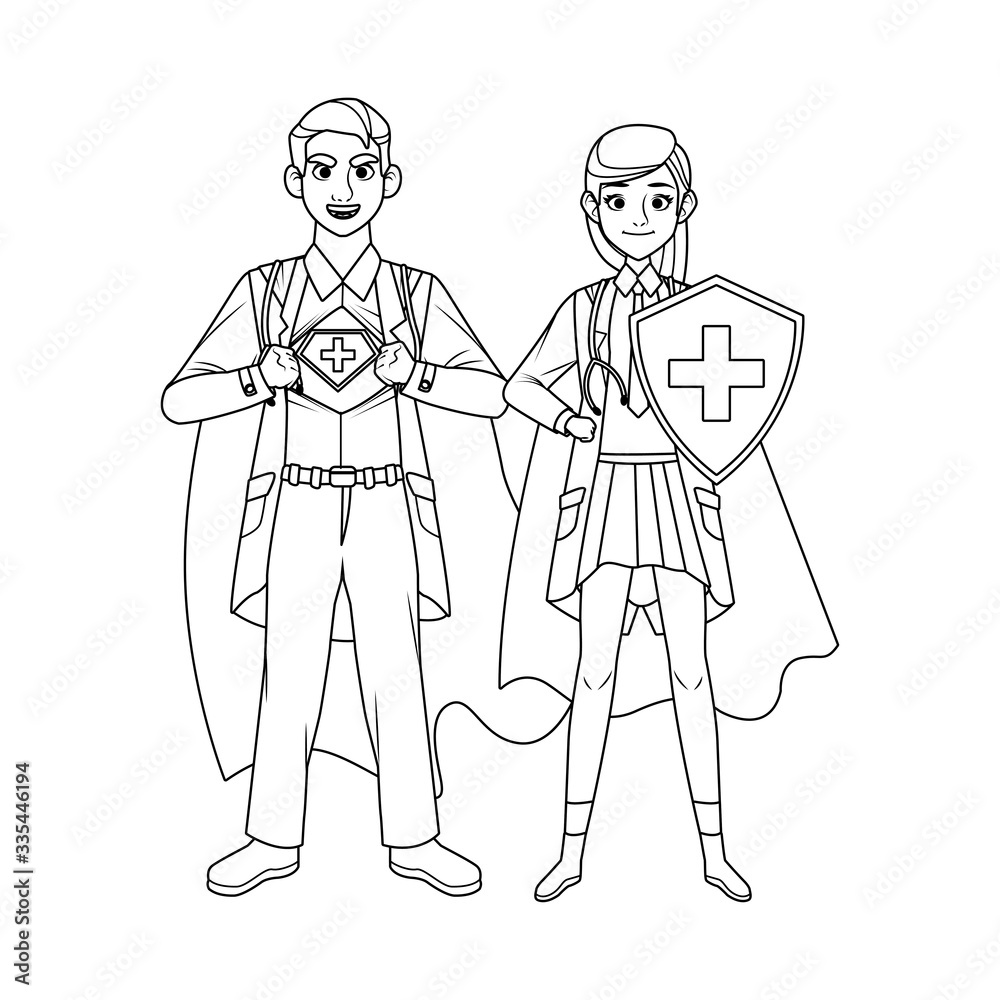 super doctors couple with hero cloak and shield vs covid19 super doctors couple with hero cloak and shield vs covid19