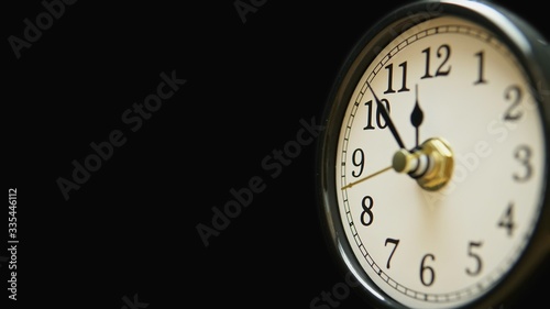 Clock face view with copy space. Wide lens view. Close up of business clock or timer concept. Every minute counts idea. Space for text. 