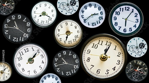 Multiply time clock faces appear showing different time. Various clocks in busy time flow. Business or New Year Resolution concept. 