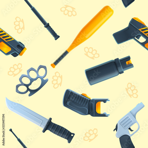 geometric seamless pattern with cartoon weapon icons for self defense, vector illustration