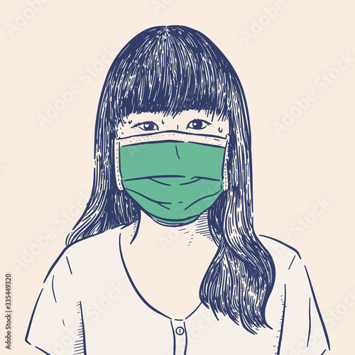 Woman wearing hygienic mask to prevent infection, hand draw sketch vector.
