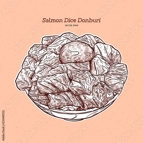 Salmon diced rice bowl, hand draw sketch vector.