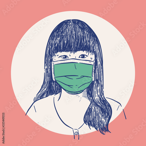 Woman wearing hygienic mask to prevent infection, hand draw sketch vector.
