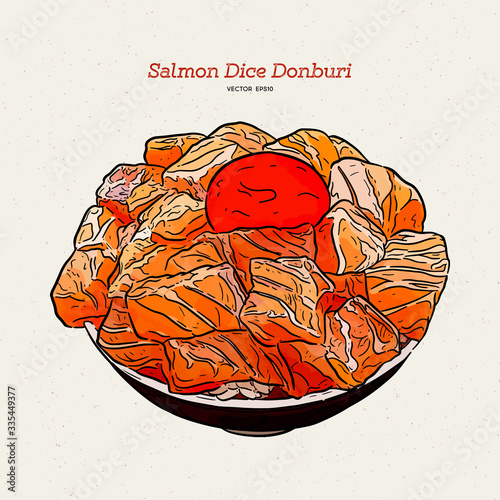 Salmon diced rice bowl, hand draw sketch vector.
