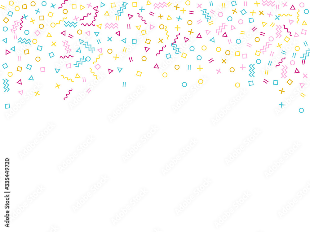 Memphis style geometric confetti vector background with triangle, circle, square shapes, chevron and wavy line ribbons. Memphis style geometric confetti vector background with triangle, circle, square shapes, chevron and wavy line ribbons.