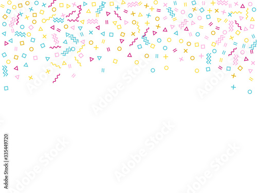 Memphis style geometric confetti vector background with triangle, circle, square shapes, chevron and wavy line ribbons.