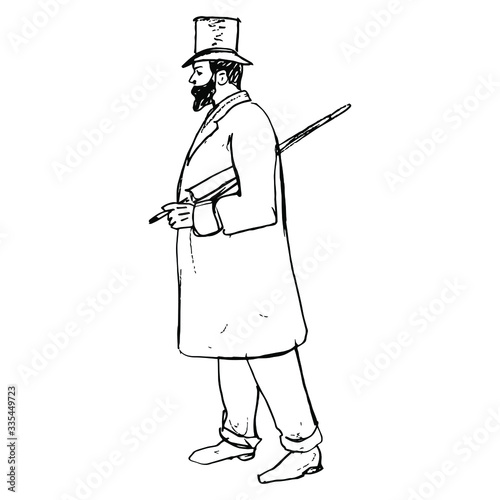Isolated vector illustration. Standing man in vintage clothes. Victorian gentleman in cylinder with umbrella. XIX century fashion. Hand drawn linear ink sketch. Black and white silhouette. 