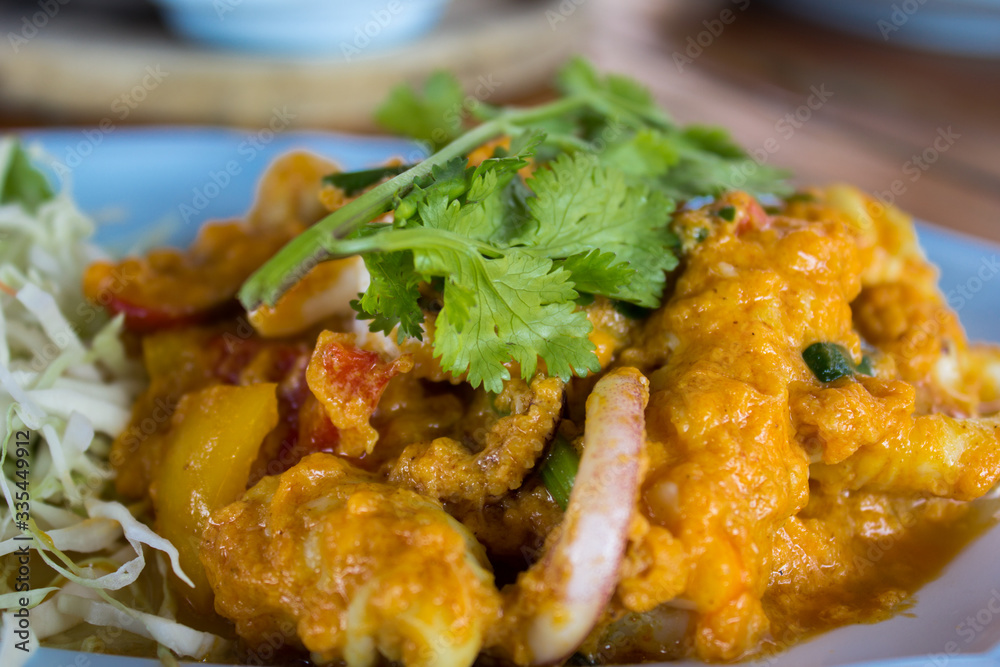 Thai food. Stir fried squid powder. Served on a plate. Very tasty in Thailand. Thai food. Stir fried squid powder. Served on a plate. Very tasty in Thailand.