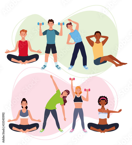people practicing exercise athletes characters