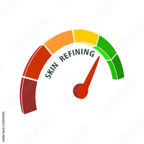 Abstract meter read level of skin refining result. Color scale with arrow. The measuring device icon. Colorful infographic gauge element.