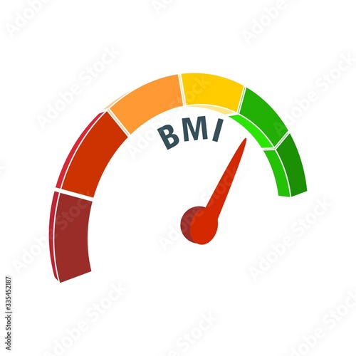 Body mass index meter read level result. Color scale with arrow from red to green. The measuring device icon. Colorful infographic gauge element.