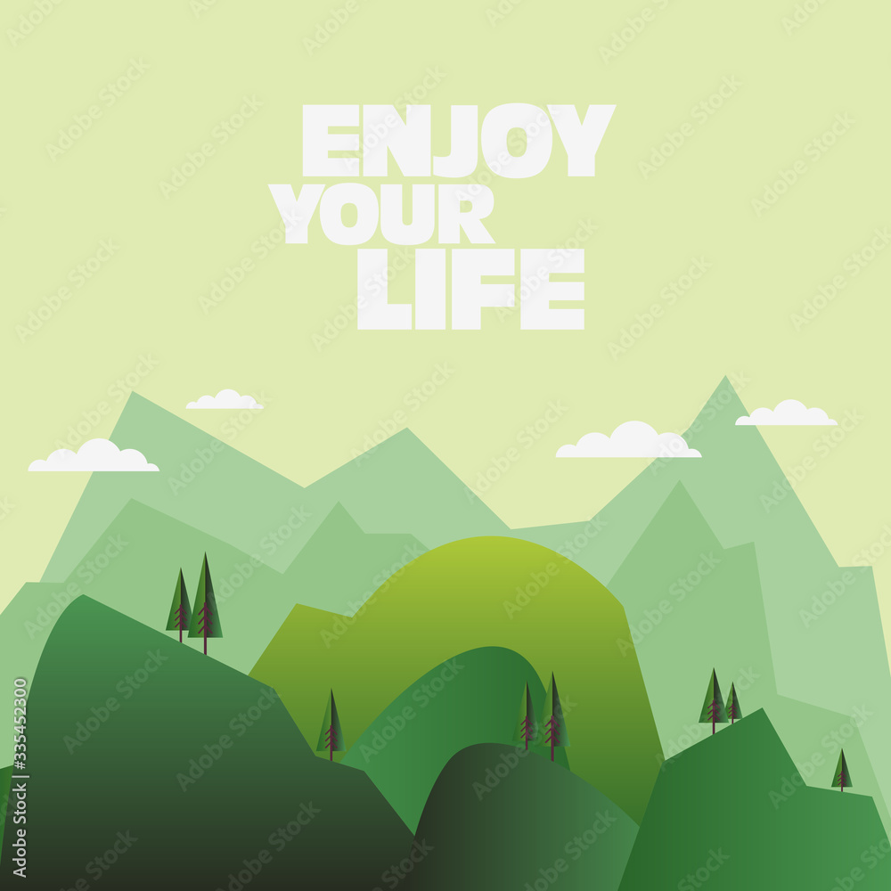 Naklejka premium Beautiful mountain landscape with pine forest. Nature, camping, travel, vacation and holiday vector concept