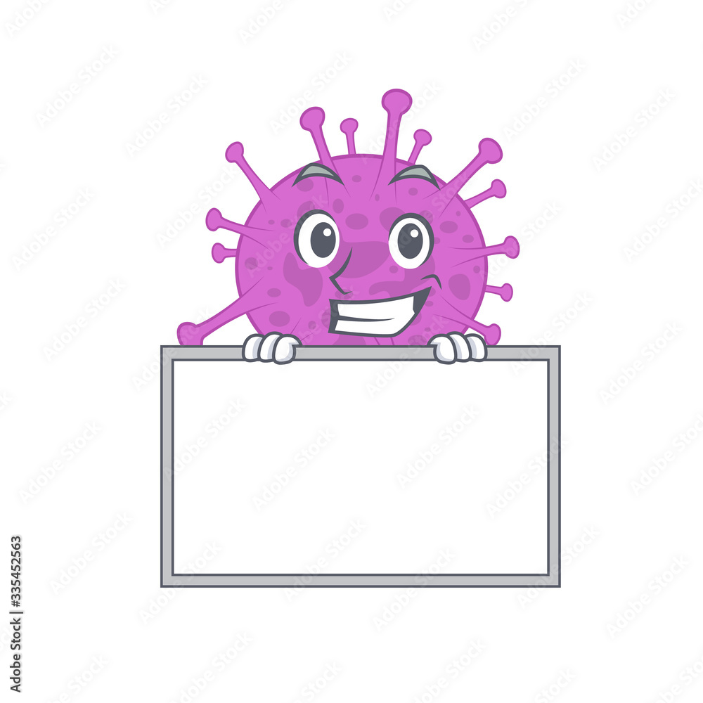 Smiling avian coronavirus cartoon design style has a board Smiling avian coronavirus cartoon design style has a board