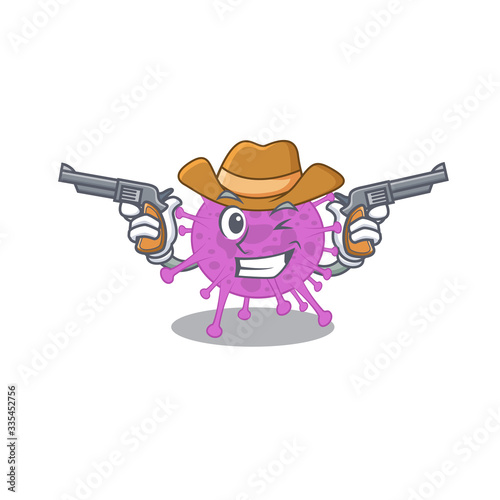 Cute handsome cowboy of avian coronavirus cartoon character with guns photo