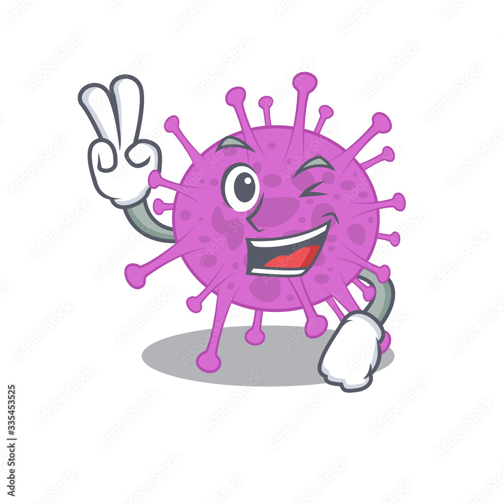 Happy avian coronavirus cartoon design concept with two fingers Happy avian coronavirus cartoon design concept with two fingers