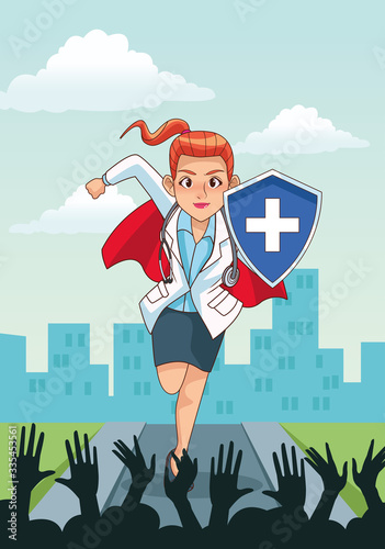 super female doctor running with shield and people cheering