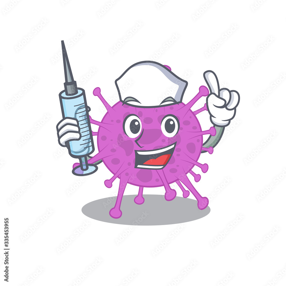 A nice nurse of avian coronavirus mascot design concept with a syringe A nice nurse of avian coronavirus mascot design concept with a syringe