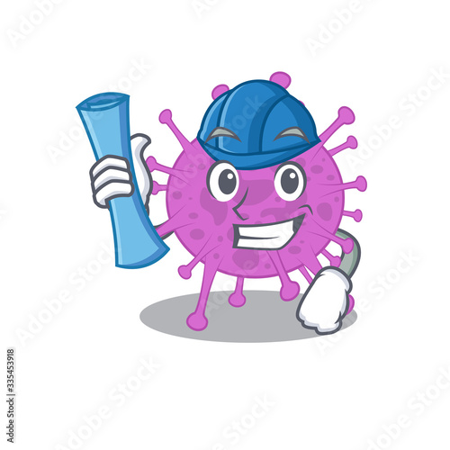 Cartoon character of avian coronavirus brainy Architect with blue prints and blue helmet