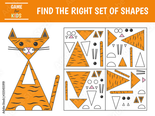Educational game for kids. Geometrical figure tiger. Find the correct block with geometric shapes. Preschool worksheet activity. Vector illustration
