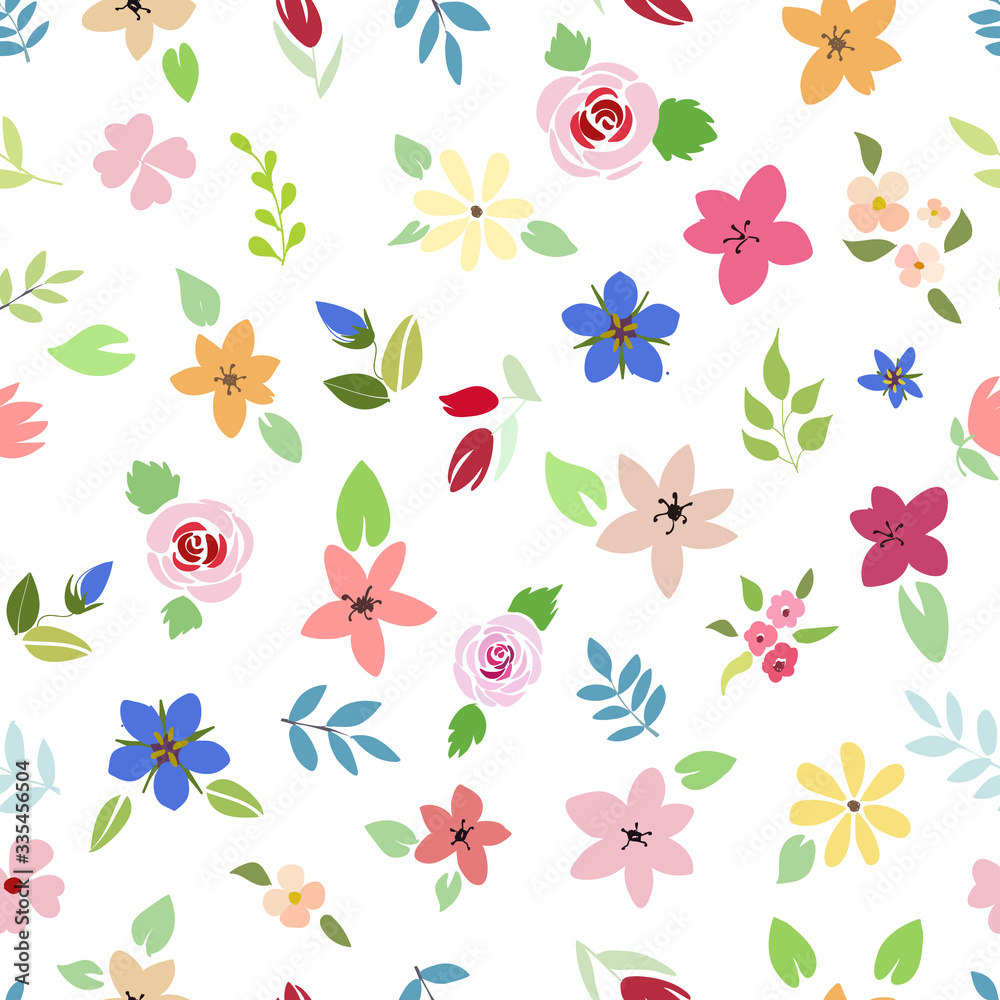 Pastel color flat design flowers background seamless pattern