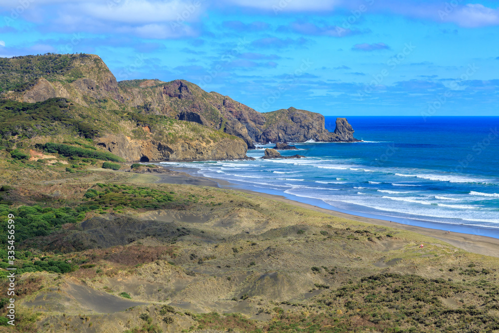 Coastline at Bethells Beach in the western Auckland Region, New Zealand. Heavy surf rolls onto a long strip of sand Coastline at Bethells Beach in the western Auckland Region, New Zealand. Heavy surf rolls onto a long strip of sand
