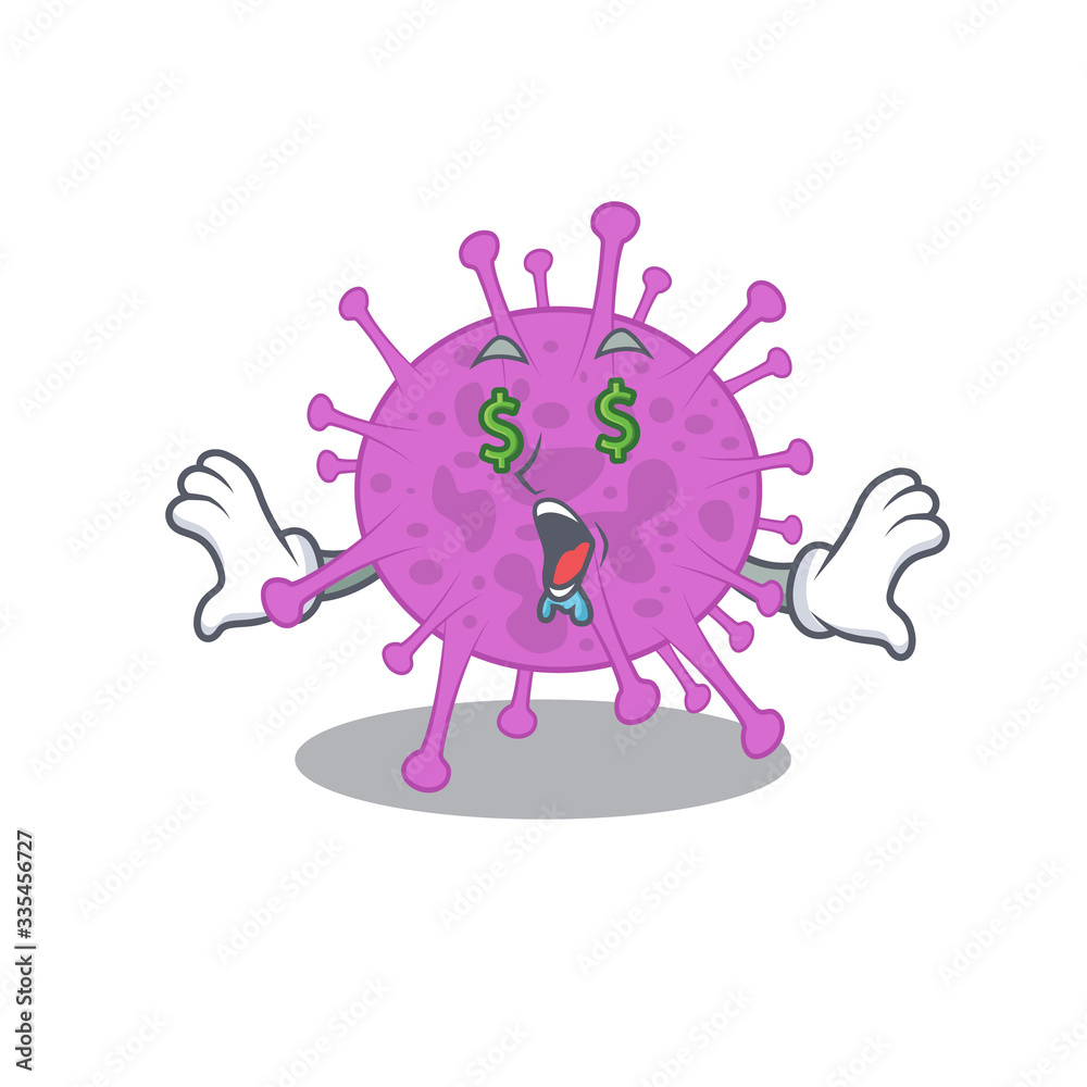 Rich cartoon character design of avian coronavirus with money eyes Rich cartoon character design of avian coronavirus with money eyes