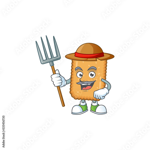Mascot design style of Farmer biscuit with hat and pitchfork