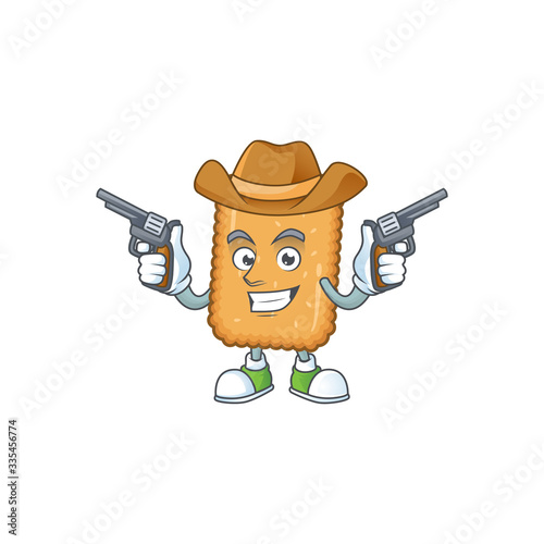 A cowboy cartoon character of biscuit holding guns