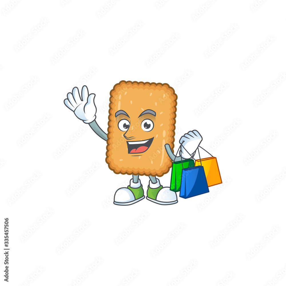 cartoon character concept of rich biscuit with shopping bags